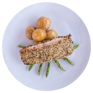 Salmon portion with a garlic and herb crust